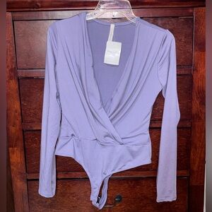 Women’s V-Neck Wrapped Light Purple Long Sleeve Bodysuit